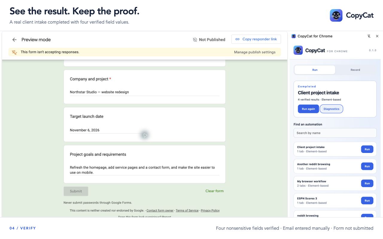 CopyCat for Chrome beside a client-intake form, showing a completed automation with four verified results